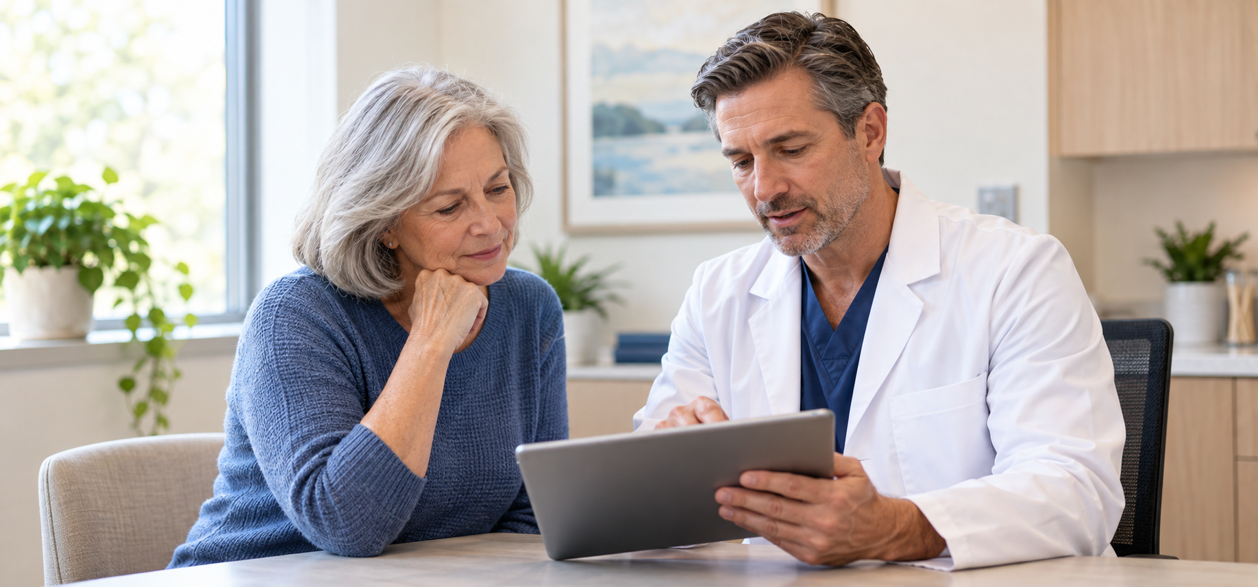 A surgeon reviewing information on a tablet with a patient during an office visit