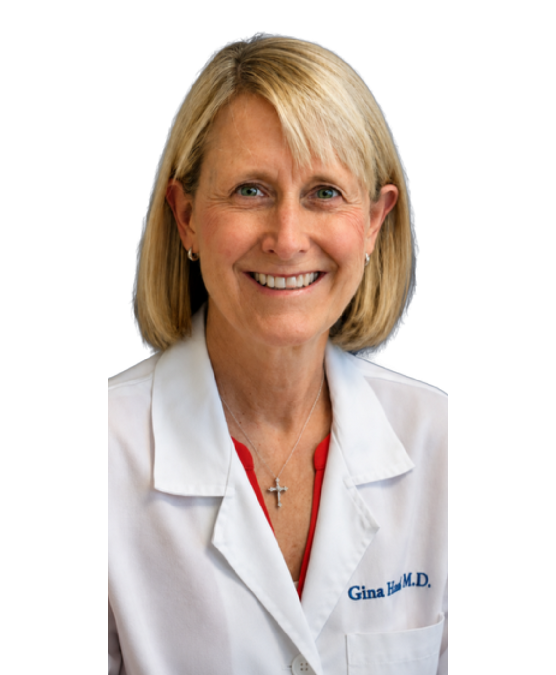 Portrait of Gina E. Heath, MD, FACS, in a white coat