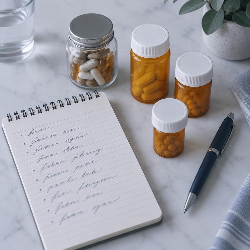 Medication list with prescription bottles and vitamins