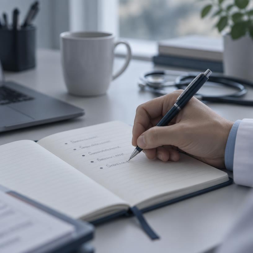 A person writing a list of questions in a notebook before a medical appointment